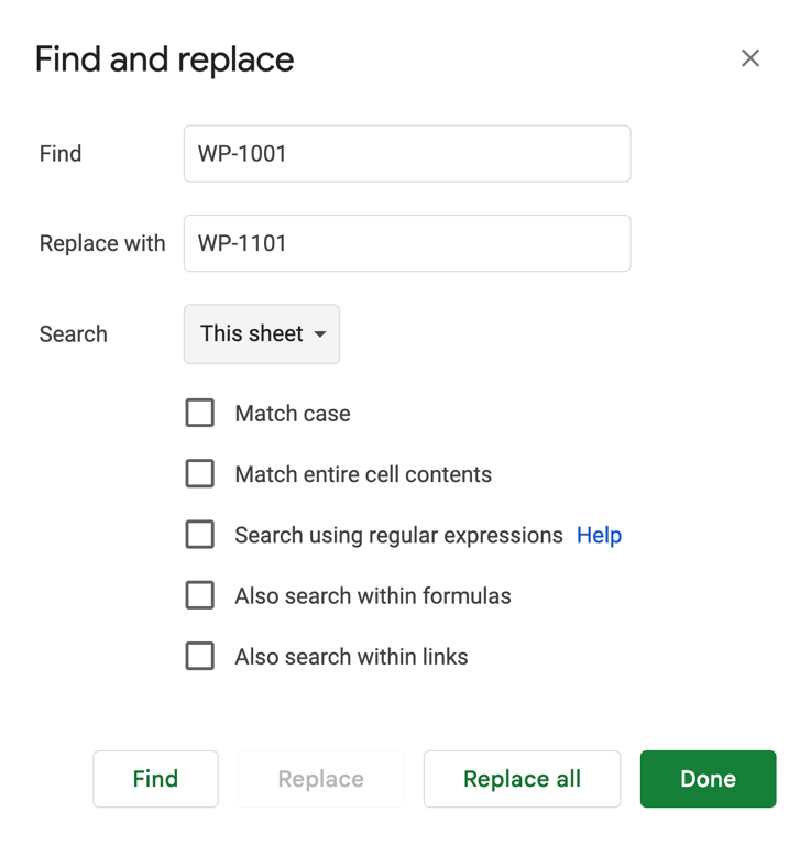 Find and Replace window configured to replace “WP-1001” with “WP-1101” within the current sheet. i-shadow