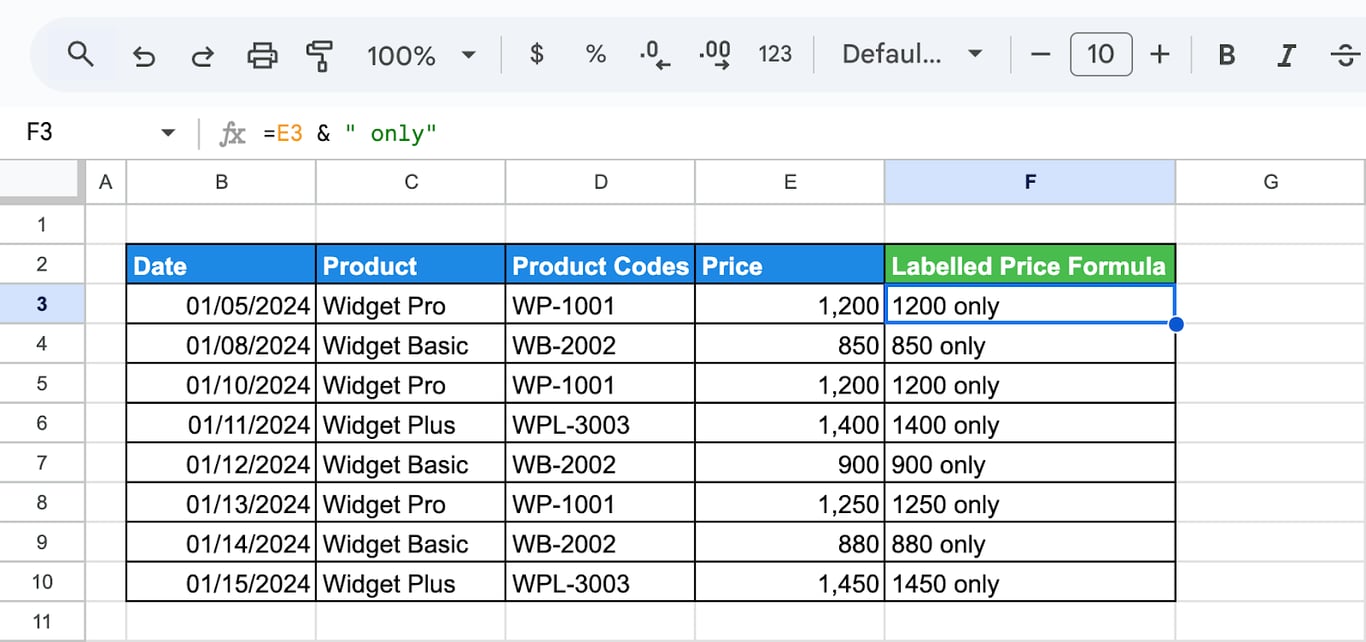 A dataset with a labelled price column before using Find and Replace to remove the word “only” for formatting consistency. i-shadow