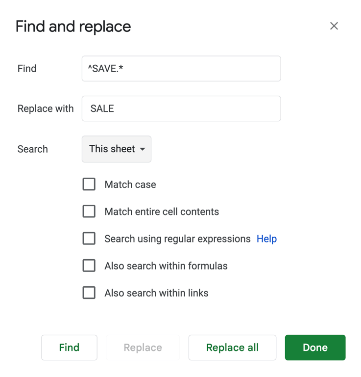 Find and Replace dialog configured to match promo codes starting with “SAVE” and replace them with “SALE”, using regex across all sheets. i-shadow