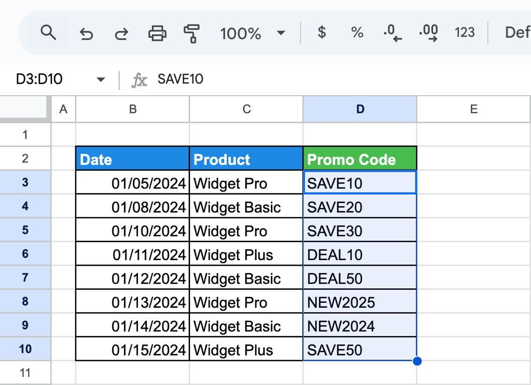 Promo Code column including values like SAVE10, DEAL10, and NEW2024, set up for wildcard or regex testing using Find and Replace. i-shadow