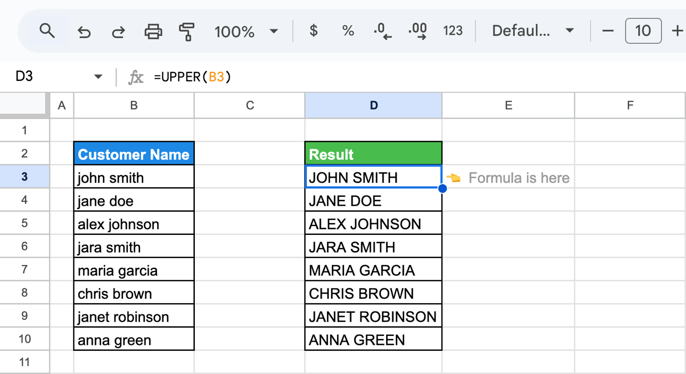 Google Sheets showing the use of the UPPER function to convert customer names in column B to uppercase. i-shadow