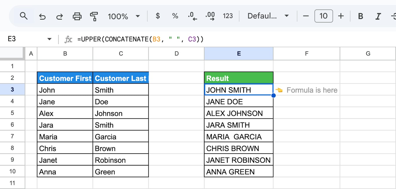 Google Sheets showing the use of the UPPER and CONCATENATE functions to merge first and last names. i-shadow