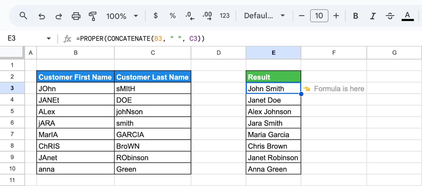 Google Sheets showing the use of the PROPER and CONCATENATE functions to combine and format customer first and last names into properly capitalized full names. i-shadow