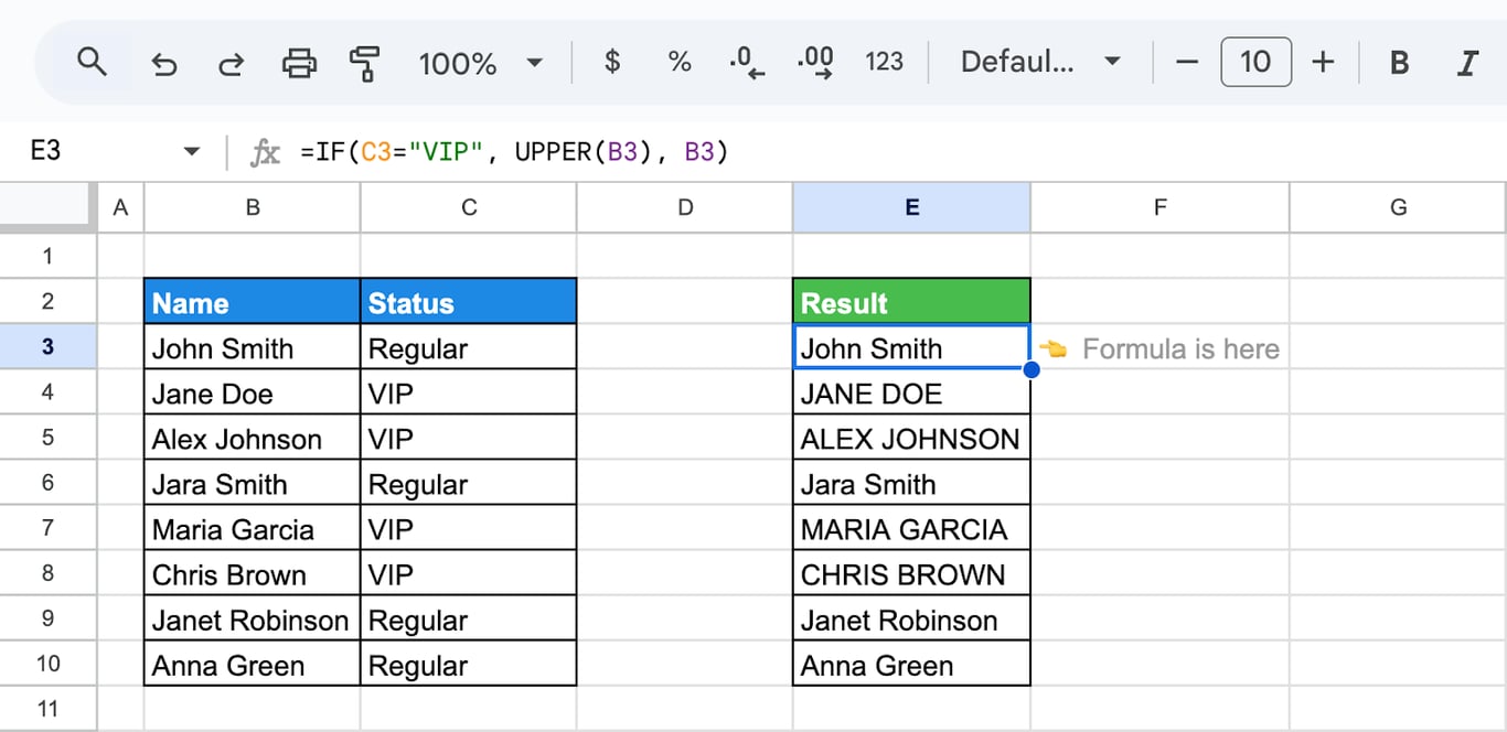 Google Sheets showing the use of the IF and UPPER functions to conditionally convert names to uppercase if the status in column C is marked as “VIP”. i-shadow