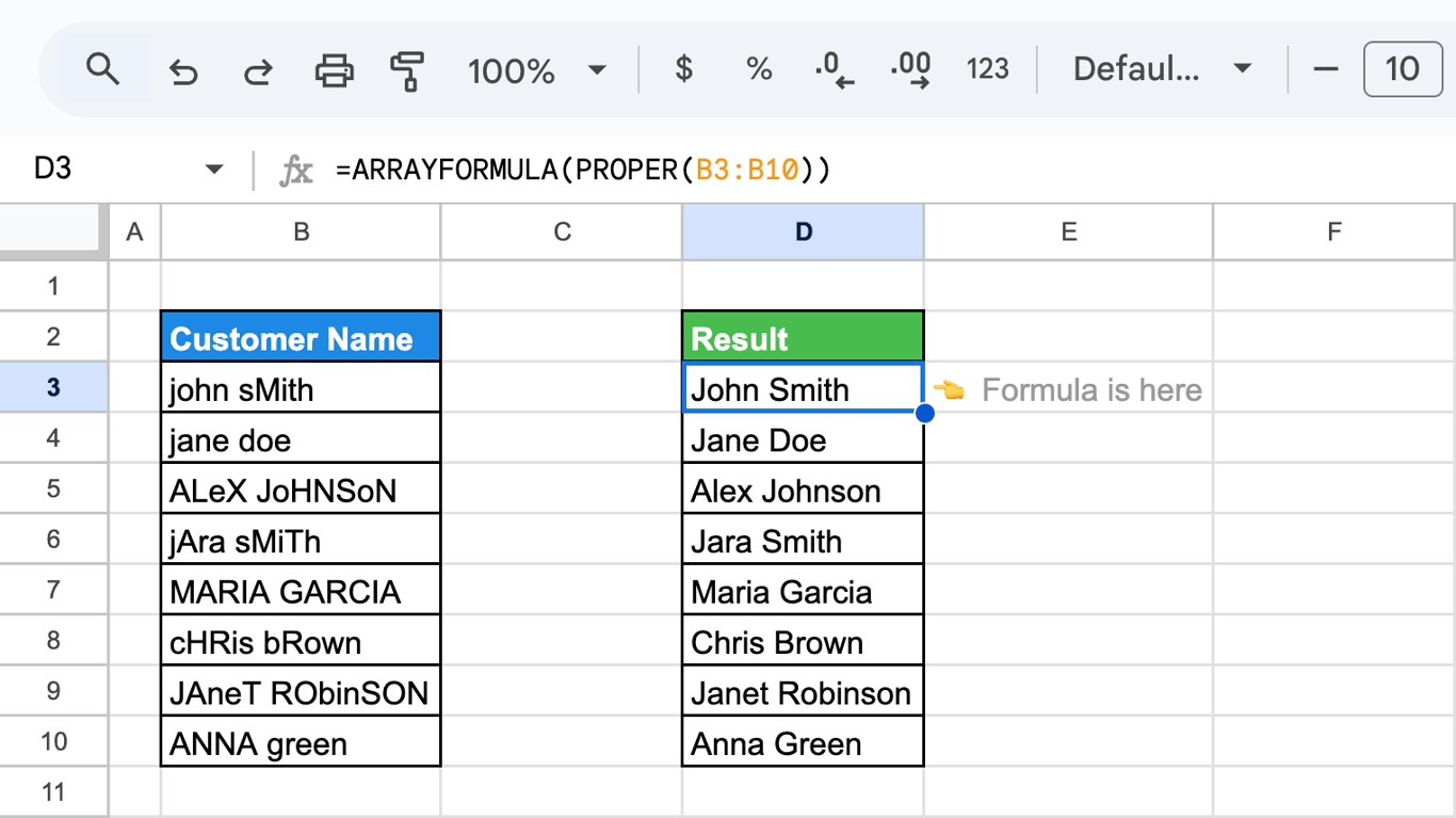 Google Sheets showing the use of the PROPER function with ARRAYFORMULA to convert inconsistently capitalized customer names to proper case format. i-shadow