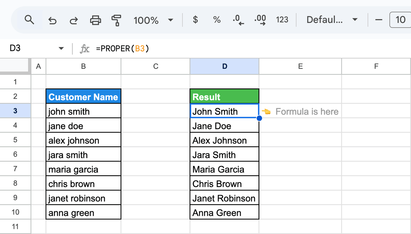 Google Sheets showing the use of the PROPER function to convert customer names to proper case (first letter capitalized) in column D. i-shadow