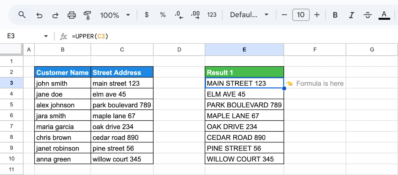Google Sheets showing the use of the UPPER function to convert street addresses to uppercase format. i-shadow