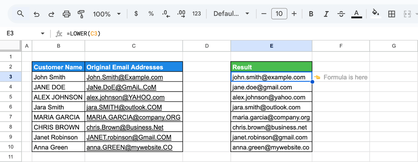 Google Sheets showing the use of the LOWER function to convert inconsistently cased email addresses to lowercase format. i-shadow