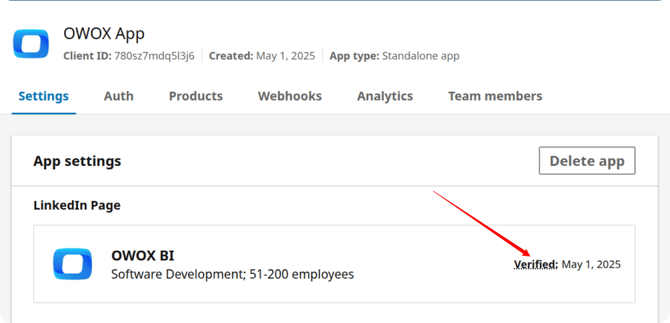 LinkedIn Developer app settings showing the app connected to a company page with a verification date displayed. i-shadow i-radius