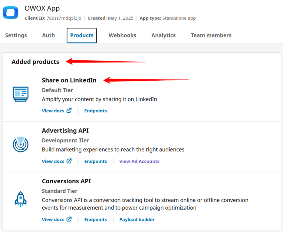 LinkedIn Developer Products tab showing “Advertising API” listed under Added Products.  i-shadow