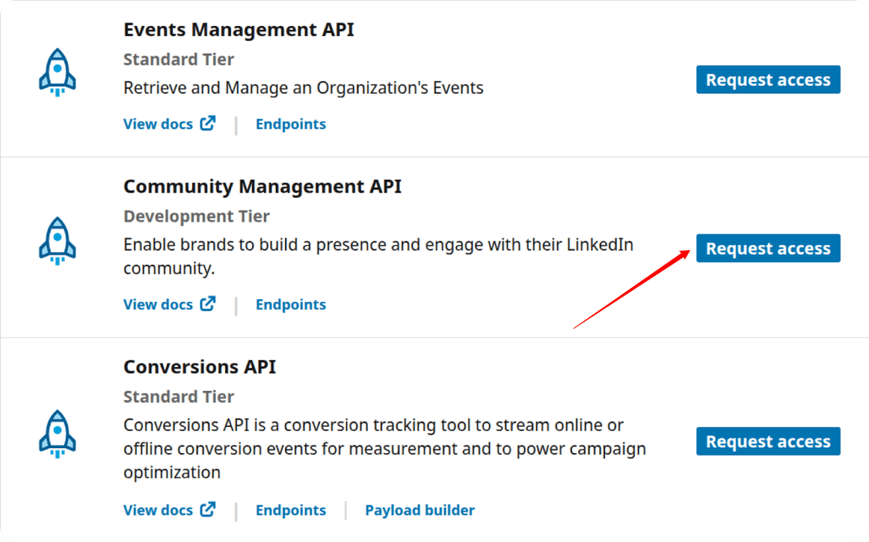 LinkedIn Developer portal Products tab showing “Community Management API” option with “Request access” button. i-shadow