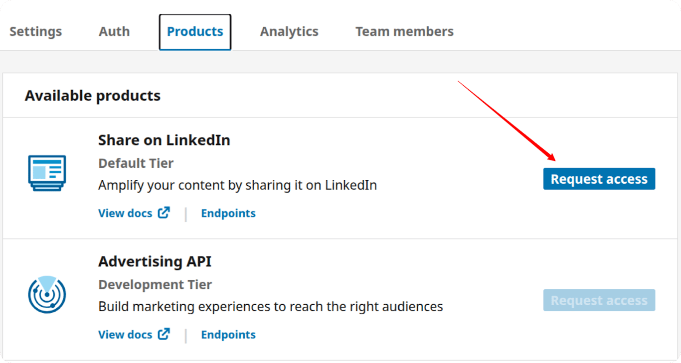 LinkedIn Developer portal Products tab showing “Share on LinkedIn” option with “Request access” button.  i-shadow