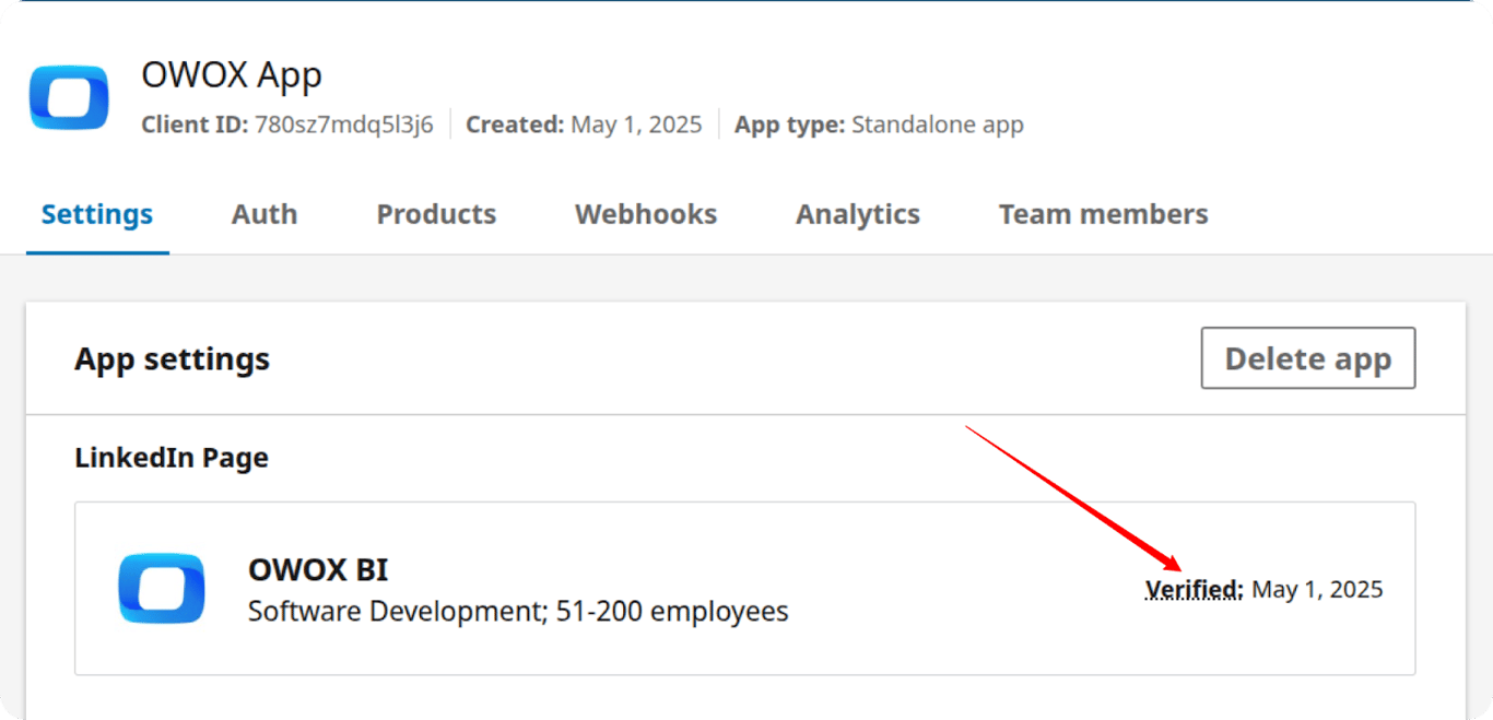 LinkedIn Developer app settings showing the app connected to a company page with a verification date displayed. i-shadow i-radius