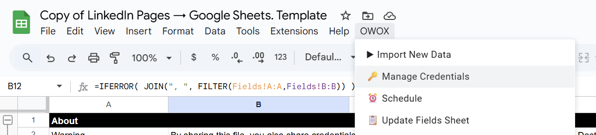 OWOX menu in Google Sheets showing the “Manage Credentials” option selected to input LinkedIn Pages access token. i-shadow