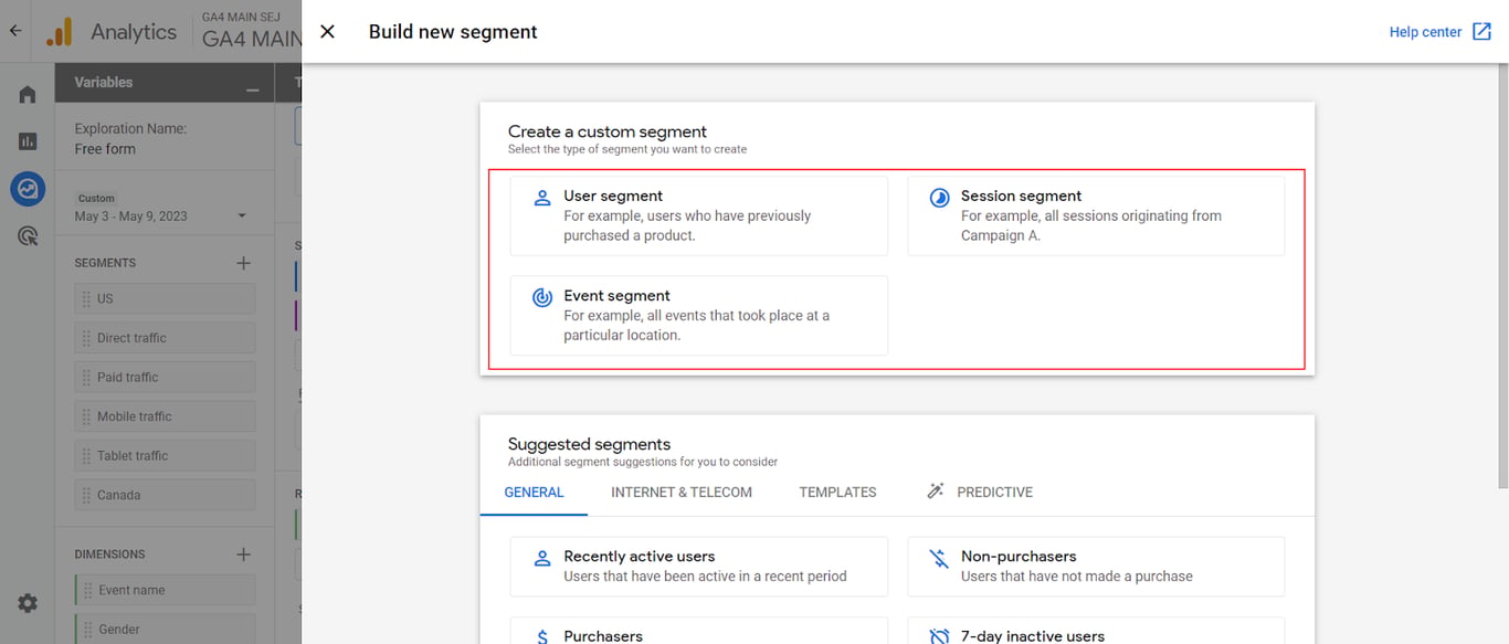GA4 segment builder interface showing options for creating user, session, and event-based segments.
