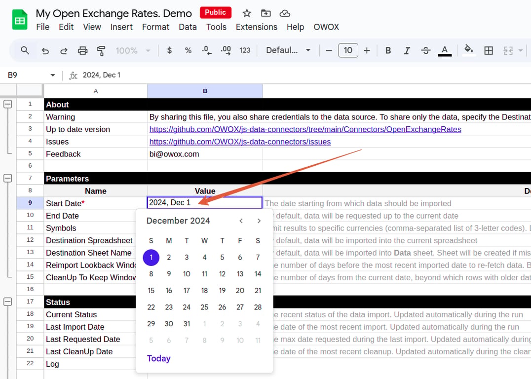 Date picker used to set the Start Date for importing Open Exchange Rates in the OWOX Google Sheet template. i-shadow