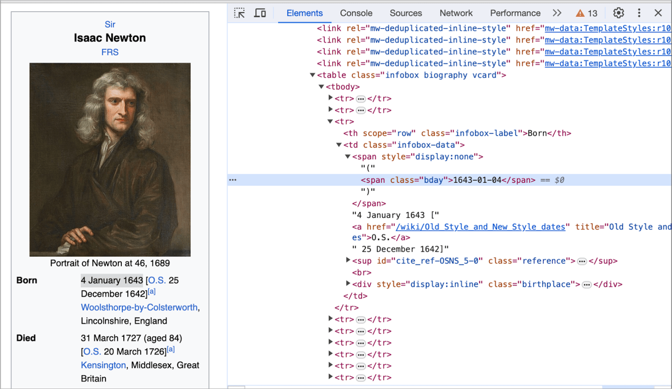 Inspecting the HTML structure of the Isaac Newton Wikipedia page for use with ImportXML in Google Sheets.