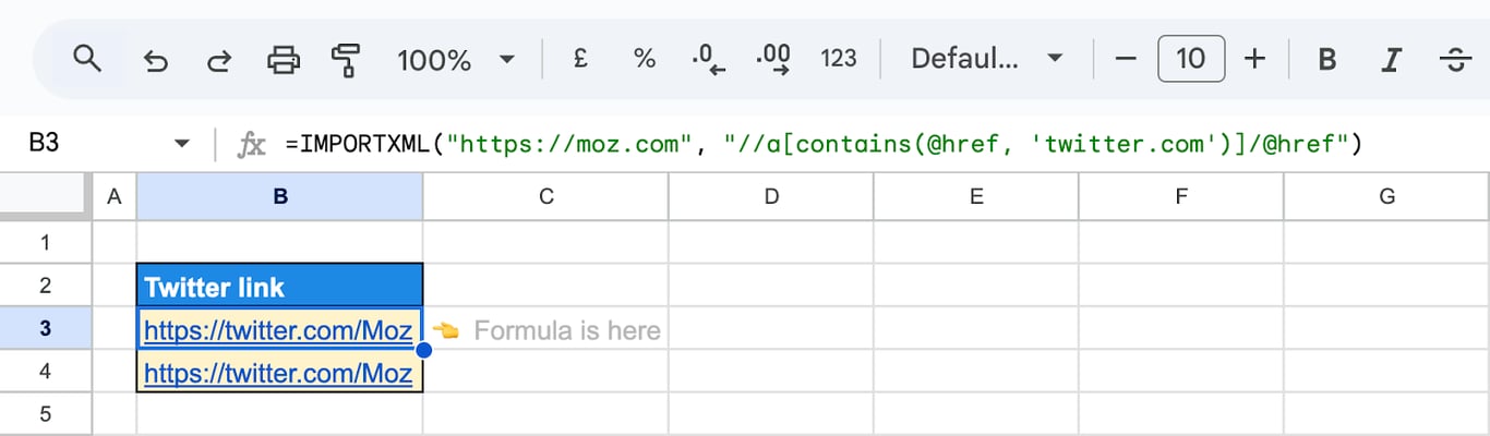 Extracting Twitter handle information from a webpage using ImportXML in Google Sheets. i-shadow