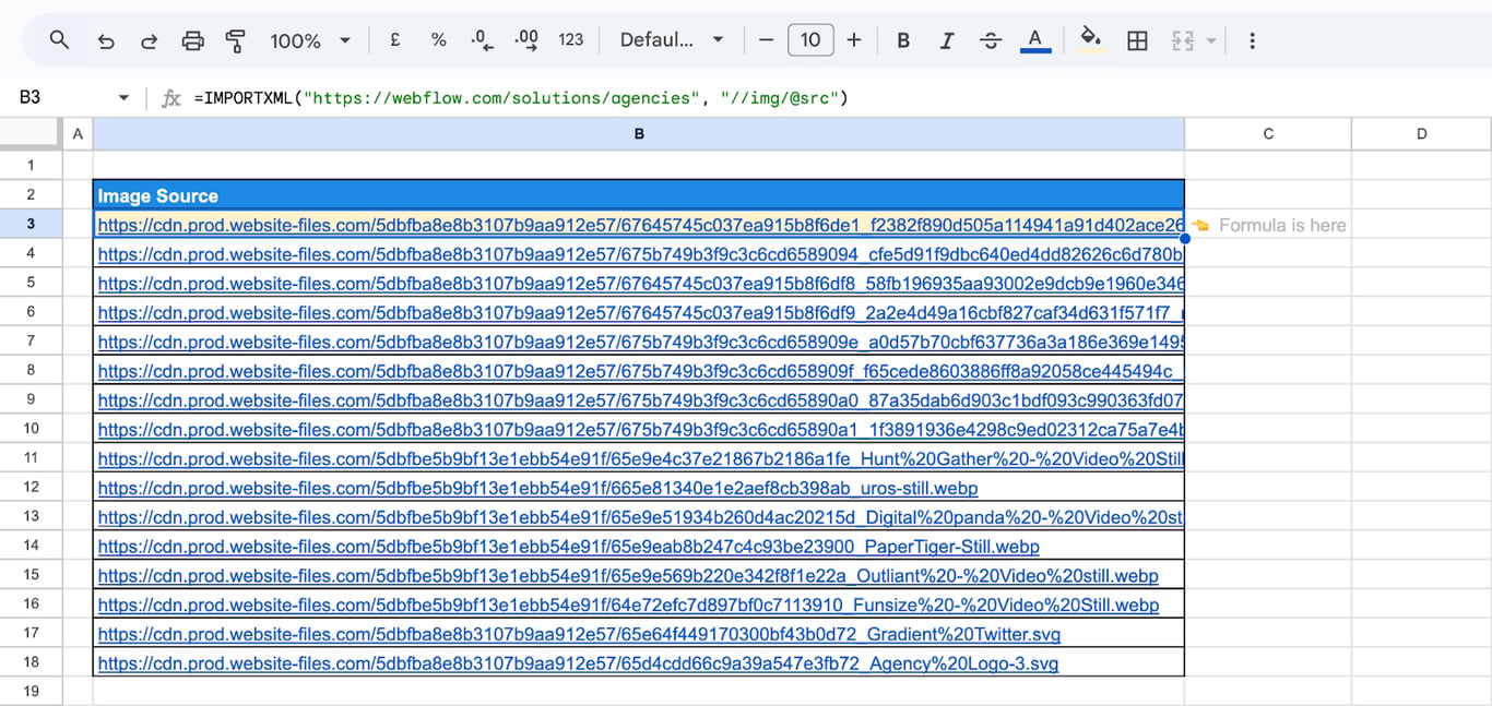 Extracting image sources from a webpage using ImportXML in Google Sheets. i-shadow