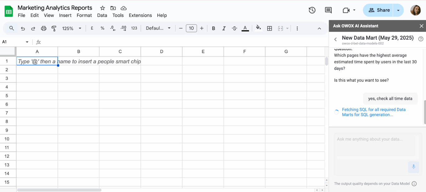 OWOX Sheets Extension showing the Data Mart library in Google Sheets – business user building a marketing analytics report without SQL