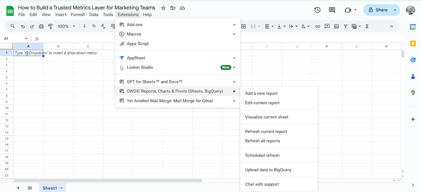 Google Sheets interface with the Extensions menu open, highlighting the OWOX Sheets Extension for browsing and pulling governed Data Mart reports connected to BigQuery.