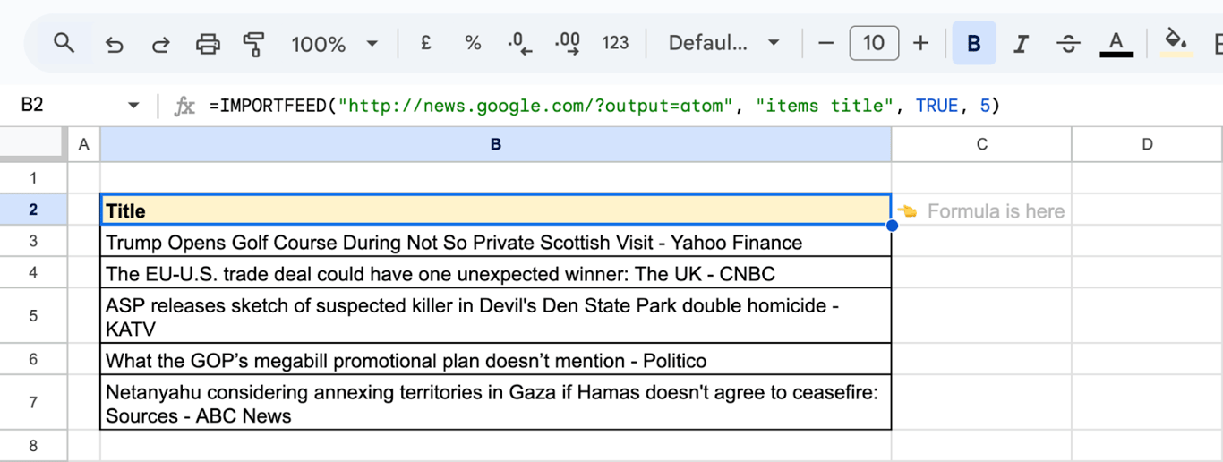 Importing a specific number of items from an RSS feed using ImportFEED in Google Sheets.  i-shadow