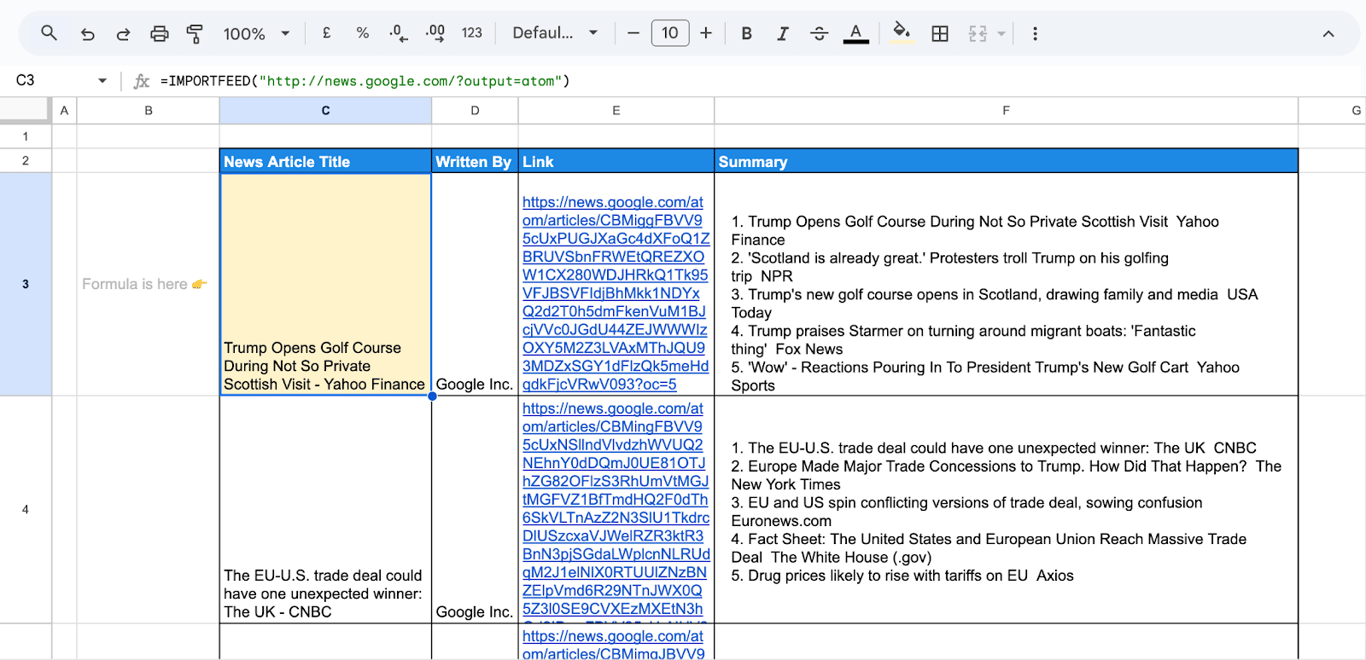 Retrieving items from an RSS feed URL using ImportFEED in Google Sheets. i-shadow