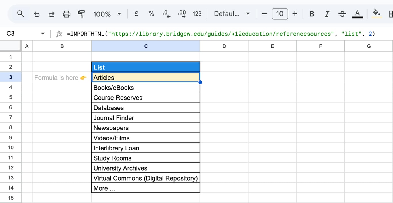 Importing a list from a webpage into Google Sheets using ImportHTML. i-border