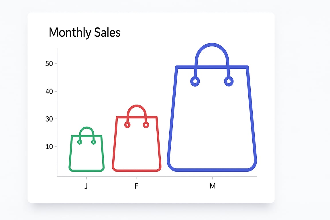 Misleading sales chart using oversized icons to exaggerate monthly differences.