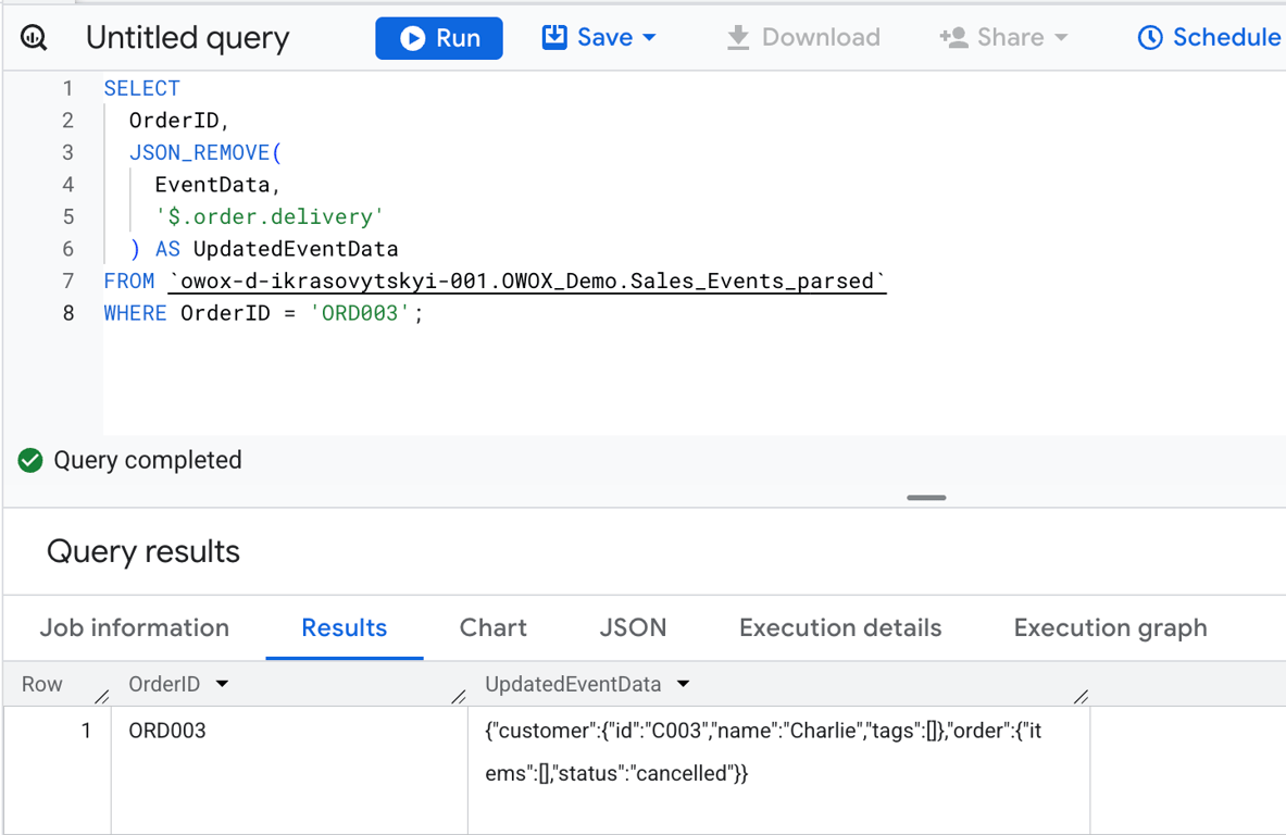 BigQuery using JSON_REMOVE to delete the delivery field from a canceled order’s JSON object. i-shadow