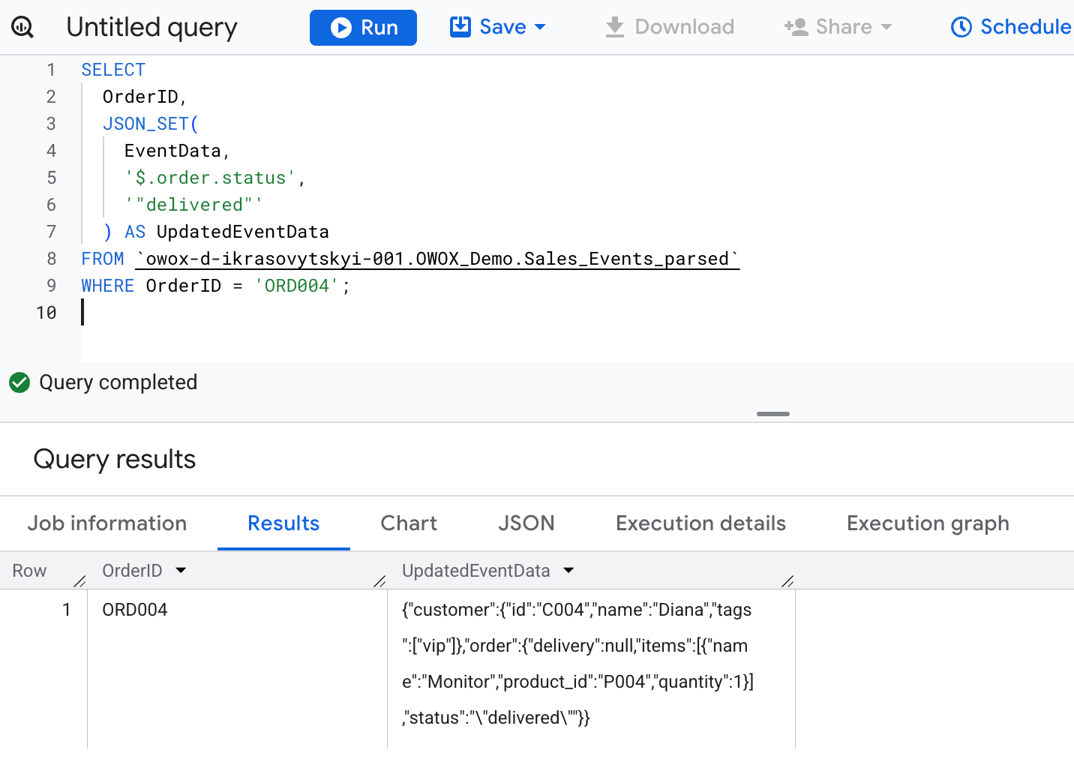 BigQuery query using JSON_SET to update the order status field in a customer’s JSON record. i-shadow
