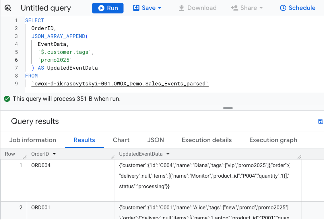 BigQuery query using JSON_ARRAY_APPEND to add a “loyalty” tag to a customer’s tags array in JSON. i-shadow