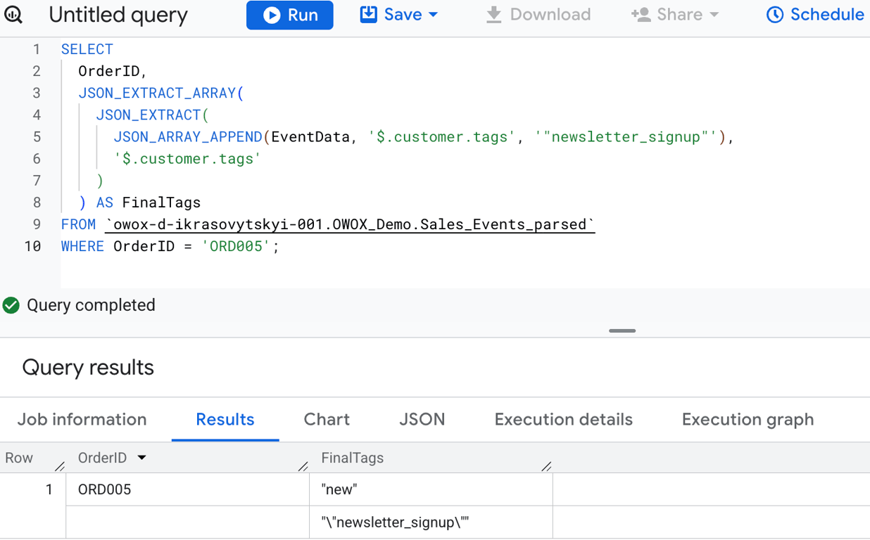 BigQuery combining JSON_ARRAY_APPEND, JSON_EXTRACT, and JSON_EXTRACT_ARRAY to update and parse customer tags from a JSON field. i-shadow