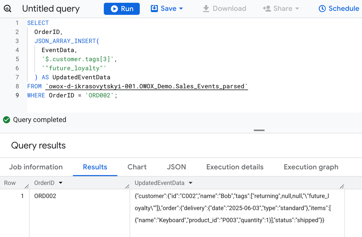 SQL query using JSON_ARRAY_INSERT to add “future_loyalty” at index 3 of the customer.tags array in the EventData JSON column for order ORD002. i-shadow