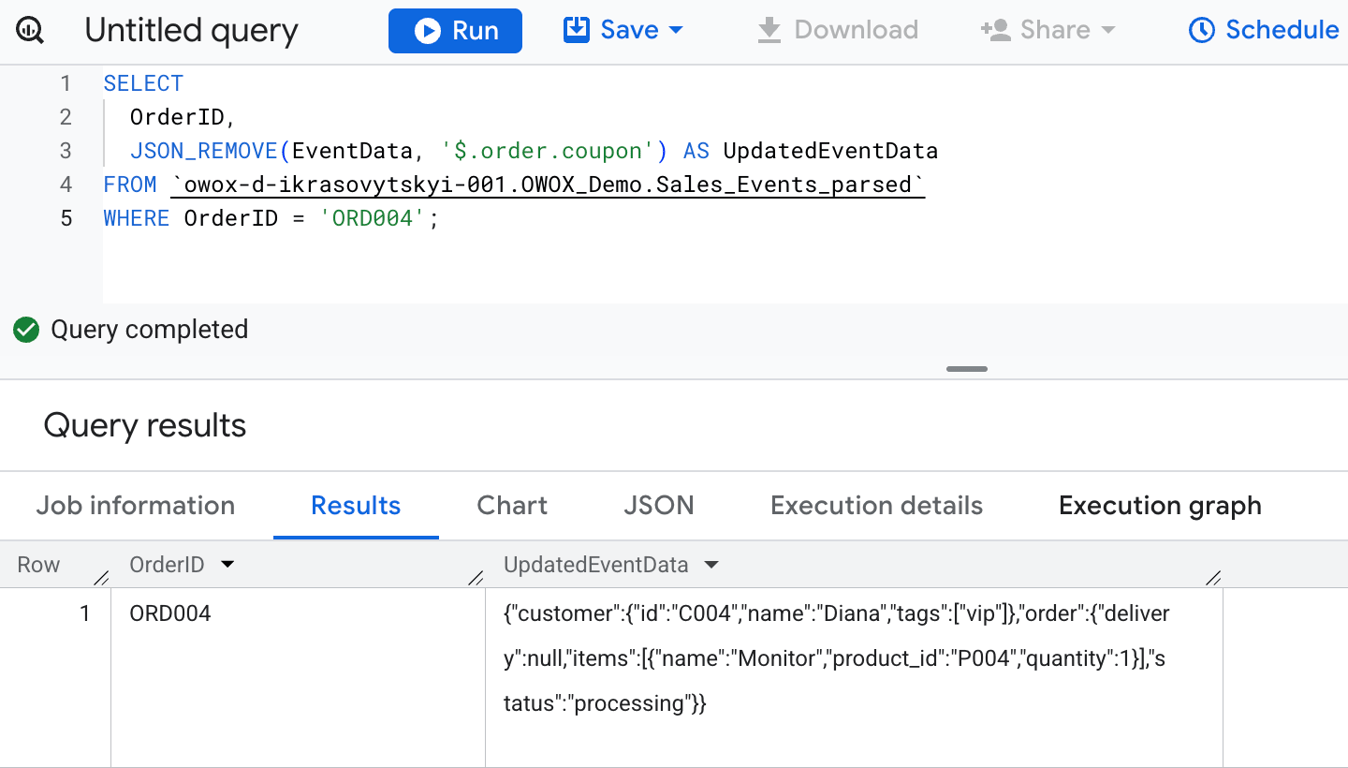 BigQuery using JSON_REMOVE to safely remove a non-existent field from a JSON object without altering the original structure. i-shadow