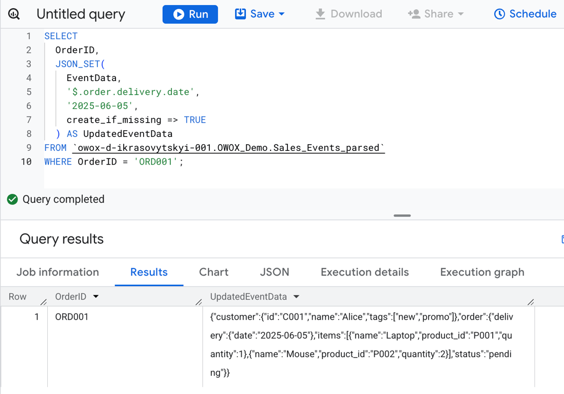 BigQuery using JSON_SET to insert a delivery date into a nested JSON object within order data. i-shadow