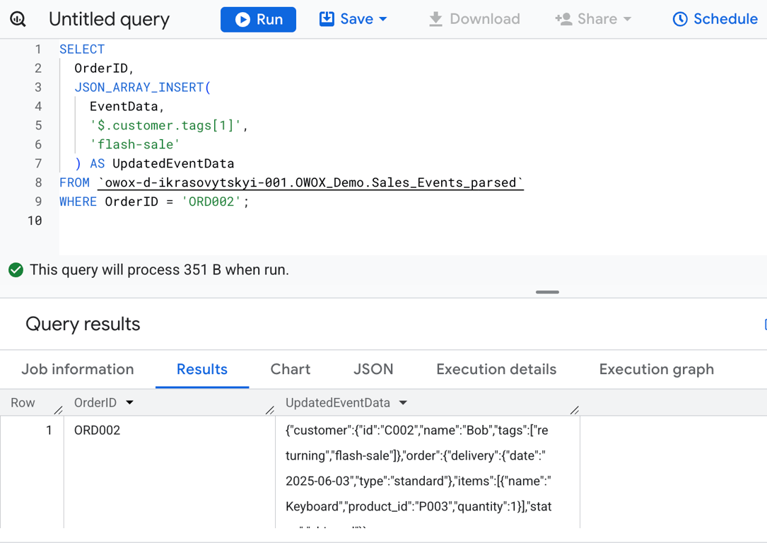 BigQuery query using JSON_ARRAY_INSERT to insert a “flash-sale” tag into the customer’s tags array at a specific position. i-shadow