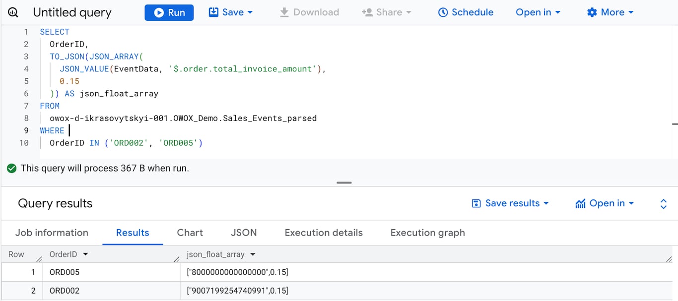BigQuery query using TO_JSON with JSON_ARRAY to convert a large INT64 and a FLOAT64 into a unified FLOAT64 JSON array. i-shadow