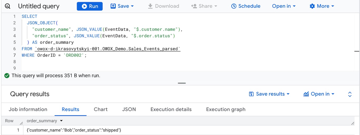 Using BigQuery JSON_OBJECT function to build a structured JSON object with customer name and order status from nested fields. i-shadow
