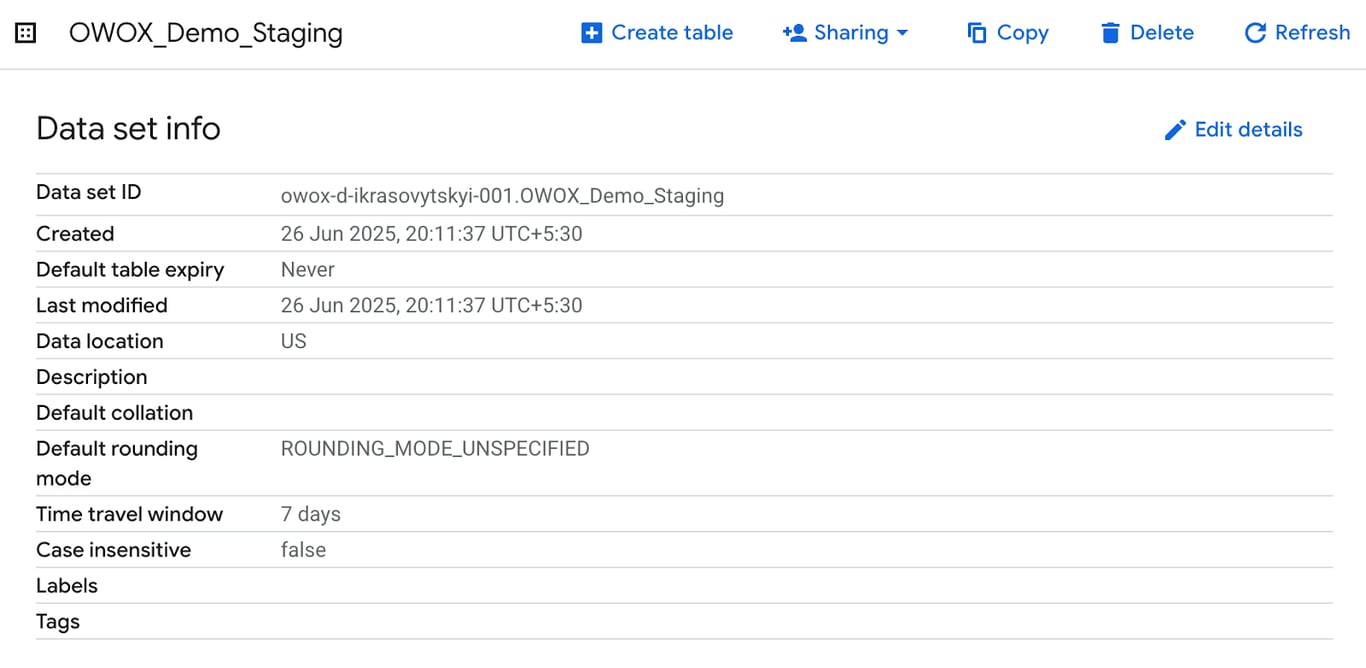 BigQuery dataset settings showing max_time_travel_hours set to 168 hours, the default 7-day time travel window. i-shadow