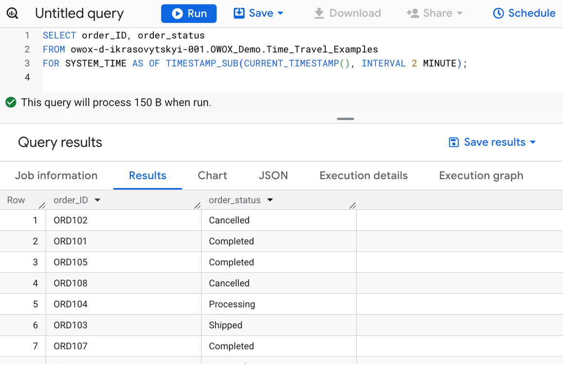 BigQuery Time Travel query retrieving a table version from 2 minutes earlier to recover mistakenly updated fields. i-shadow