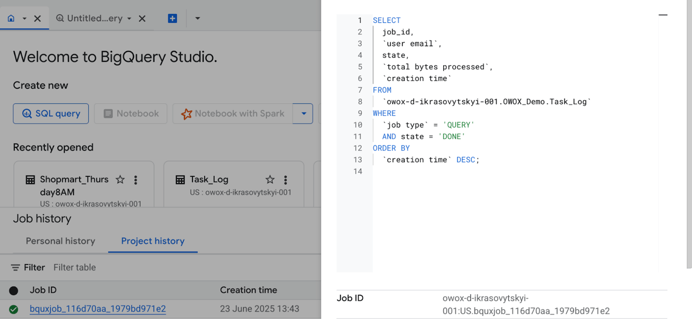 Expanded view of “Job History” section in the BigQuery showing the query used for the job. i-shadow