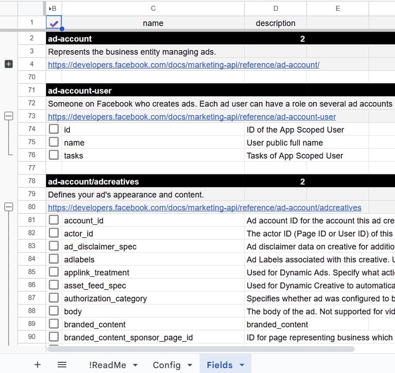Fields tab in Facebook Ads connector template showing available data objects for field selection and descriptions. i-shadow
