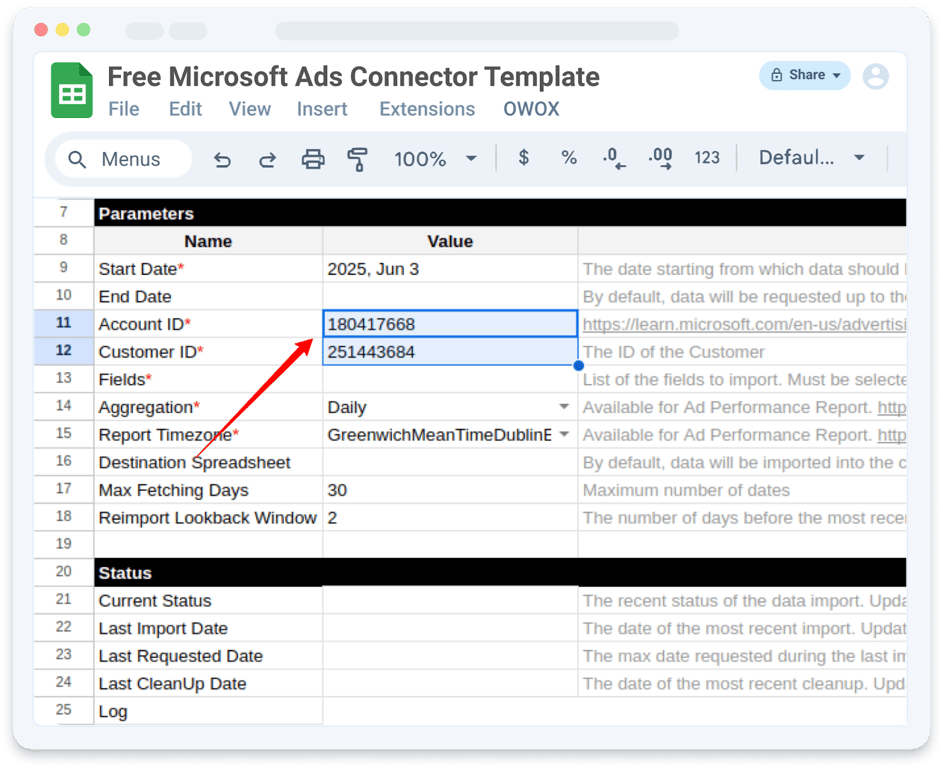 Spreadsheet with Account ID and Customer ID fields filled in Microsoft Ads Config. i-shadow i-radius