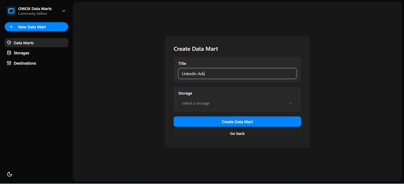 Create Data Mart screen with title set to “LinkedIn Ads” and storage selected as “LinkedIn Ads Storage”. i-shadow
