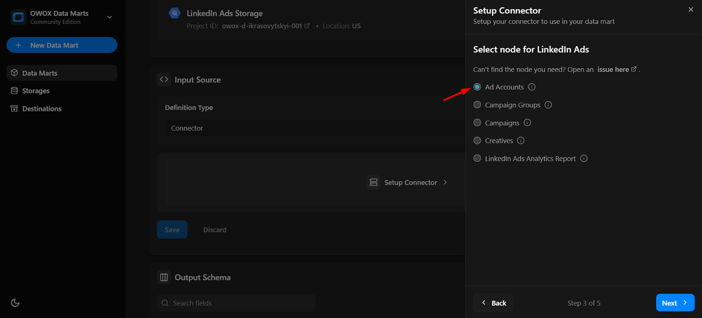 Node selection menu for LinkedIn Ads with options like Ad Accounts. i-shadow