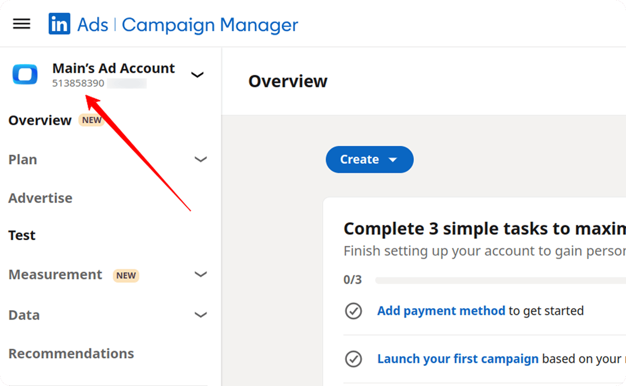 LinkedIn Ads dashboard showing where to find the Account URN for data import. i-shadow
