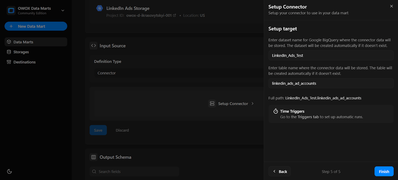 Final setup screen showing the target dataset and table path in BigQuery with time triggers hint enabled.  i-shadow