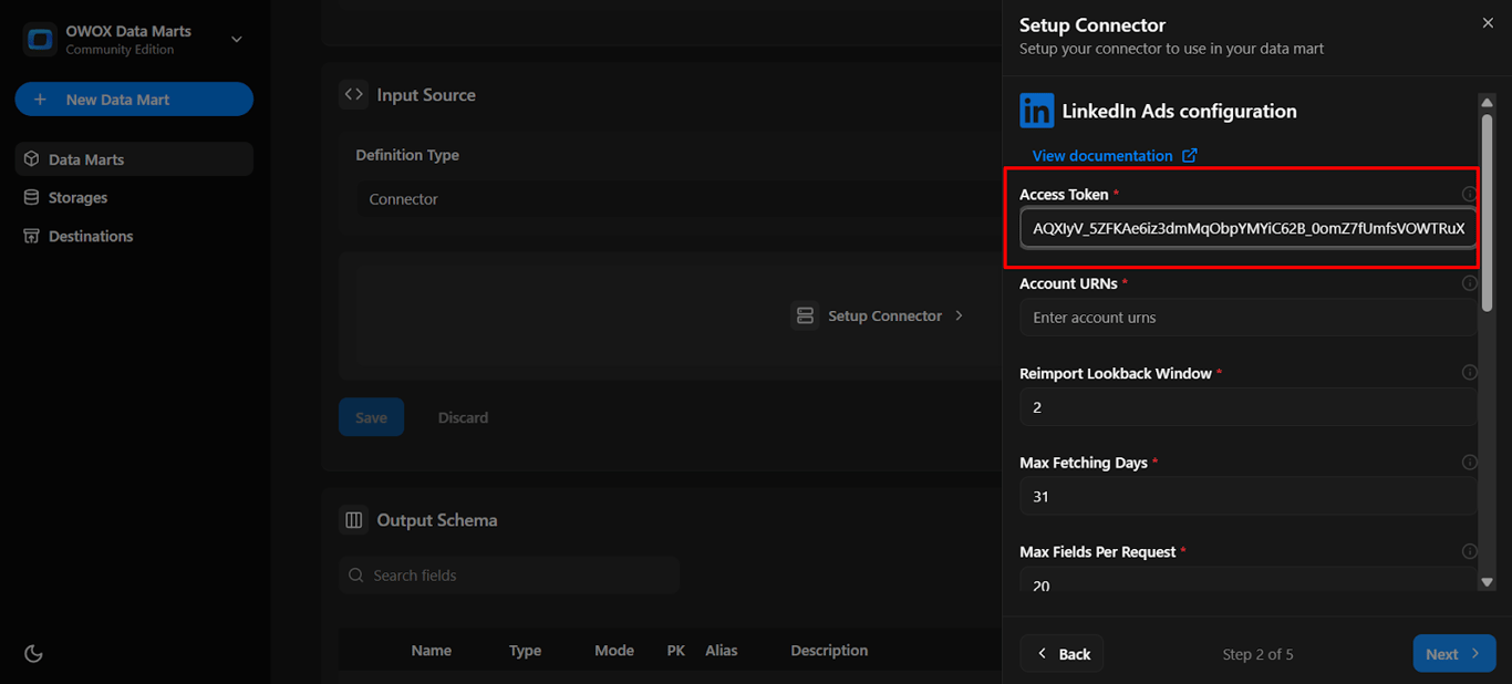 OWOX connector configuration panel with the LinkedIn Ads access token field filled in for authentication. i-shadow
