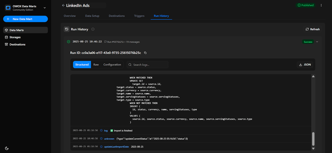 Run History tab in OWOX Data Marts displaying the status message ‘Import is finished’. i-shadow
